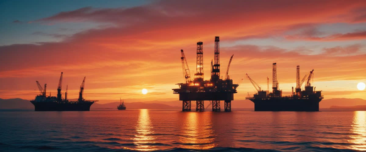 Aker BP ASA stock, oil rigs at sea, dramatic light on the Norwegian coastline.