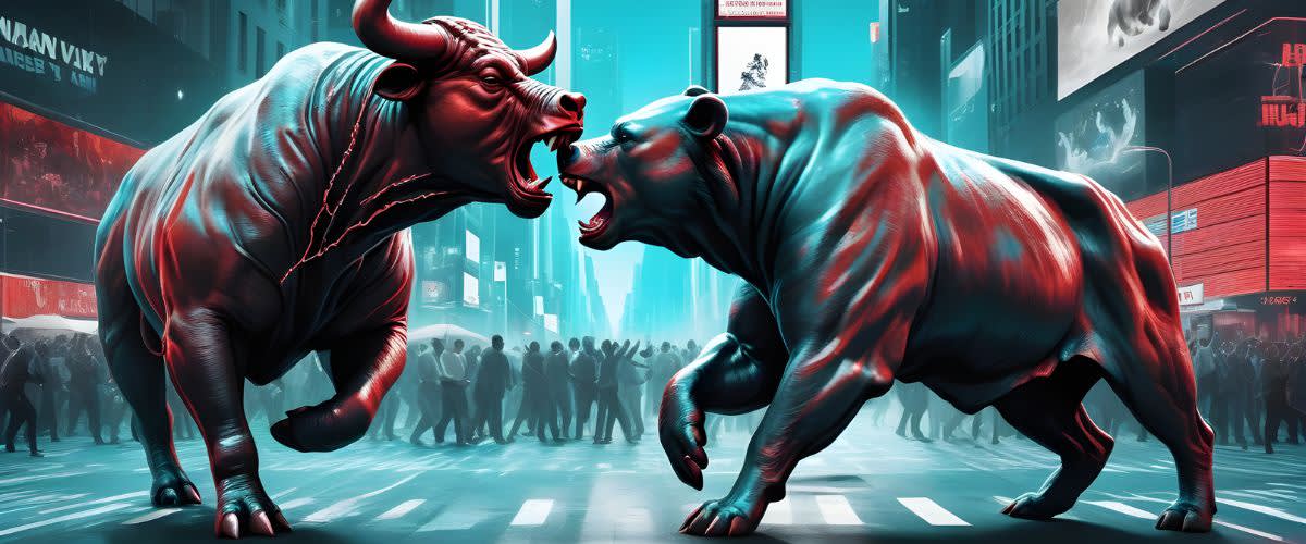 Bull and bear power indicator: Bulls and bears statues in a bustling city street, symbolizing the stock market's fluctuating nature.