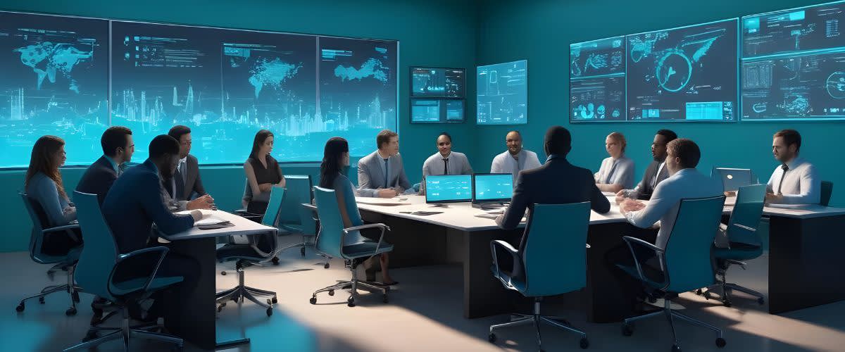 A group of people sitting at a table in a conference room for a private equity meeting.