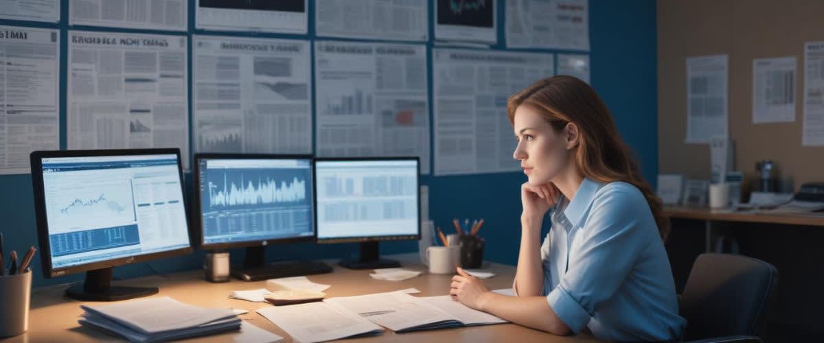 Uma trader de CFD sentada sozinha com seu laptop focada nas tendências do mercado.