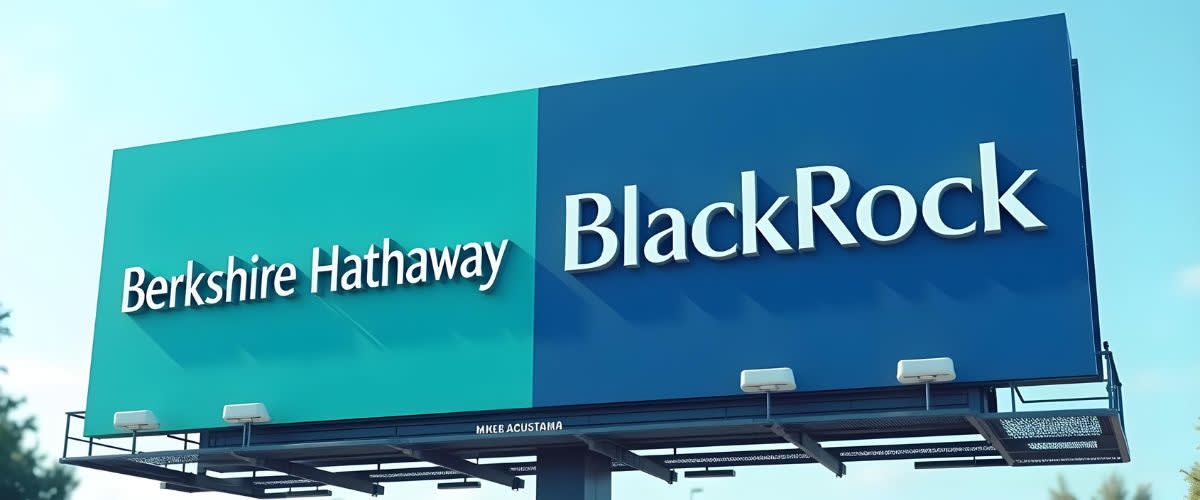 Investment company: Image featuring Berkshire Hathaway and BlackRock on a billboard.