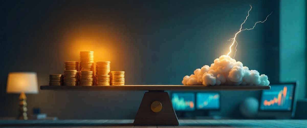 Gold coins vs storm clouds on scale; trader adjusts balance, symbolizing risk and reward.
