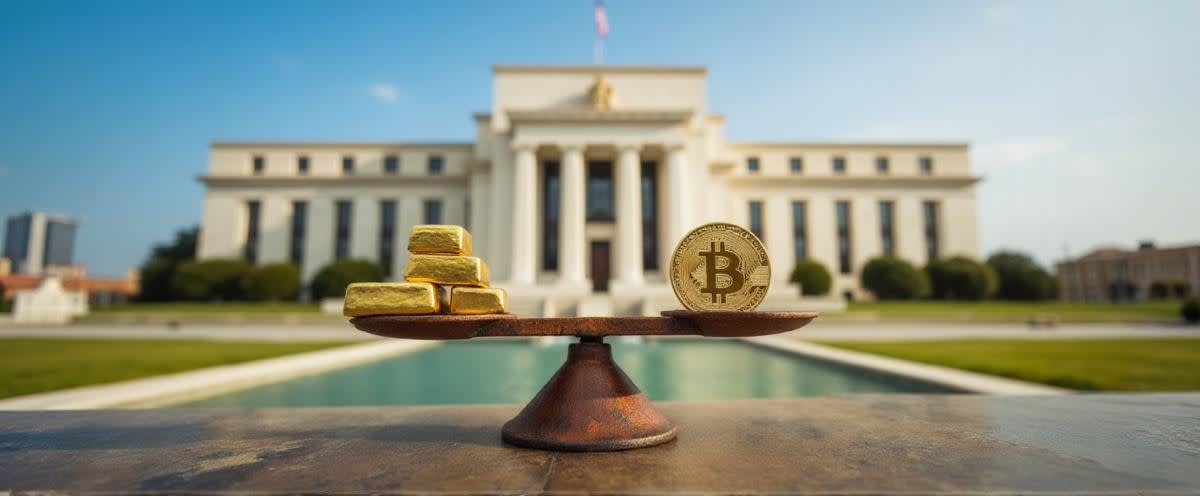 Gullbarer og Bitcoin-mynt på vektskål, den amerikanske Fed-bygningen i bakgrunnen, på en solrik dag.