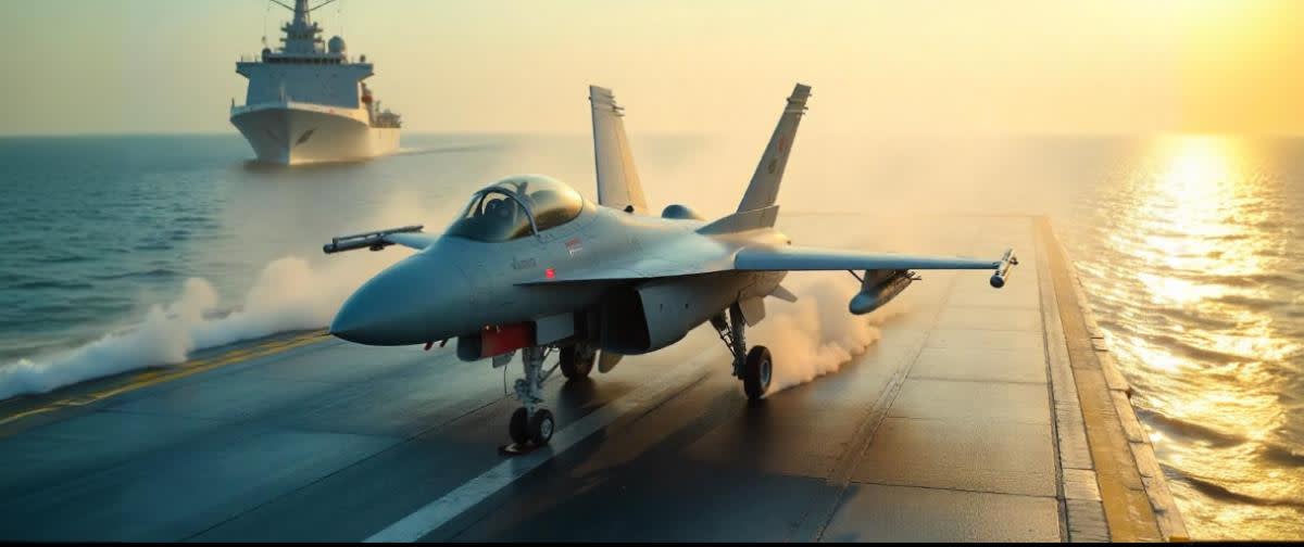 A fighter jet on a ship symbolizes a surge in global defense and military tech investments.