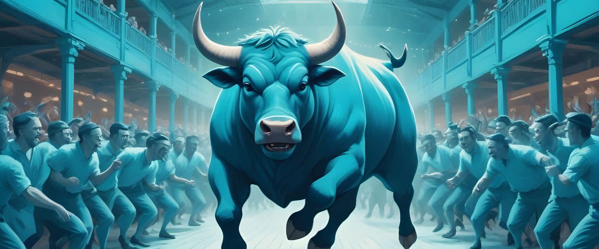 Bull run: A blue bull sprinting amidst a crowd of people.