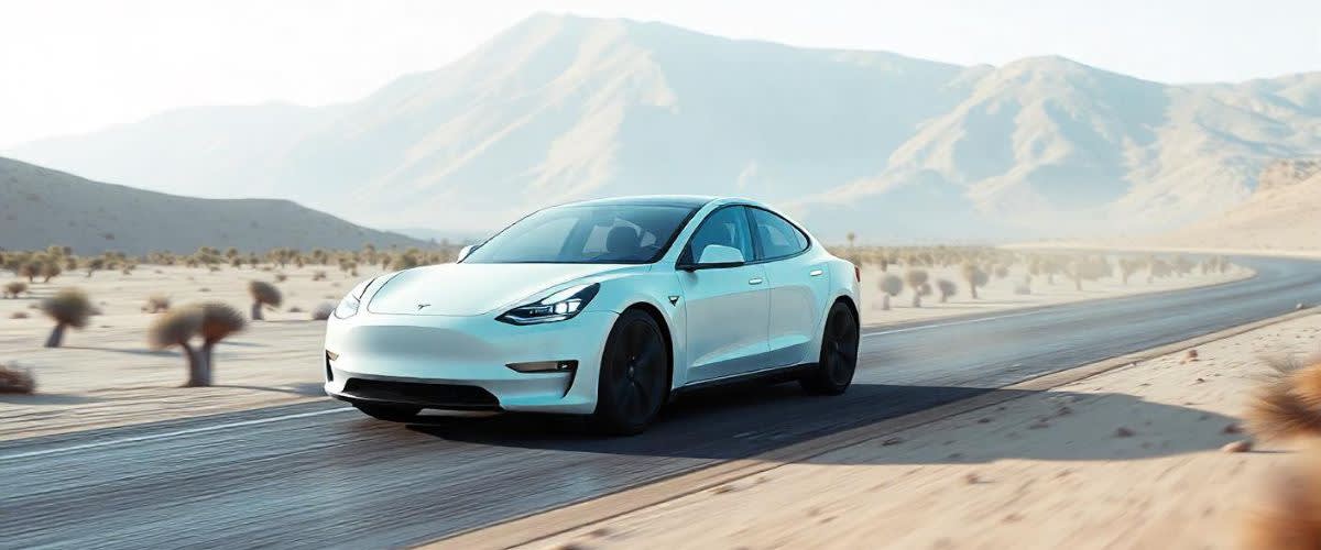 Tesla Stock Splits: A Tesla car drives on a road surrounded by desert. 