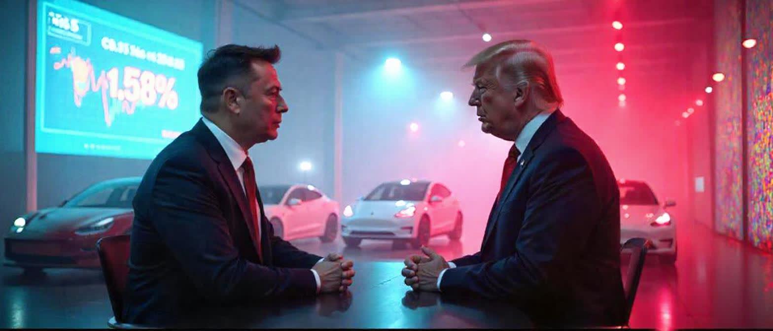 Musk og Trump i konflikt, Tesla-aksjen faller, elbiler står stille, politisk uro truer.