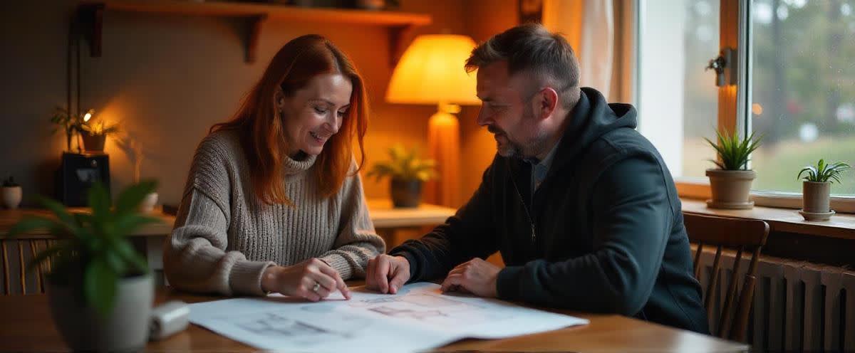 Cozy Oslo home scene: family plans summer renovations indoors on a rainy day, lit by warm light.