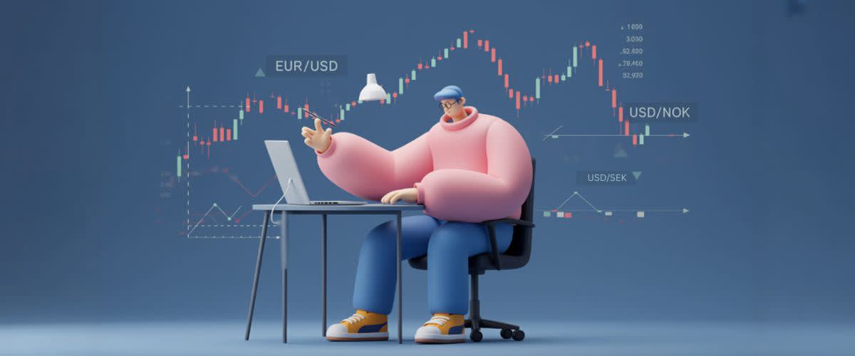 外匯交易員的插圖，周圍環繞著浮動的K線圖和EUR/USD、USD/NOK、USD/SEK