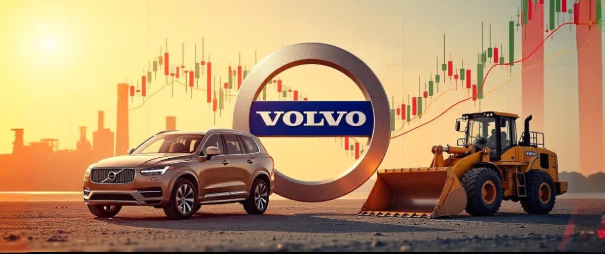 Volvo logo with truck, excavator, marine engine, stock charts, steel, currency, and factory backdrop.