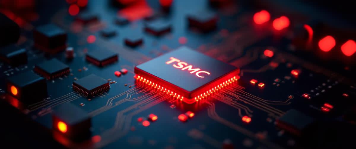 Glowing TSMC chip with red light, bold AI logos, and growth curves in a tech setting at dusk.