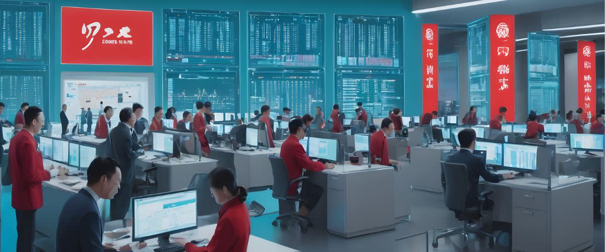 中国股票：拥挤的房间，人们全神贯注地在电脑上买卖中国股票。