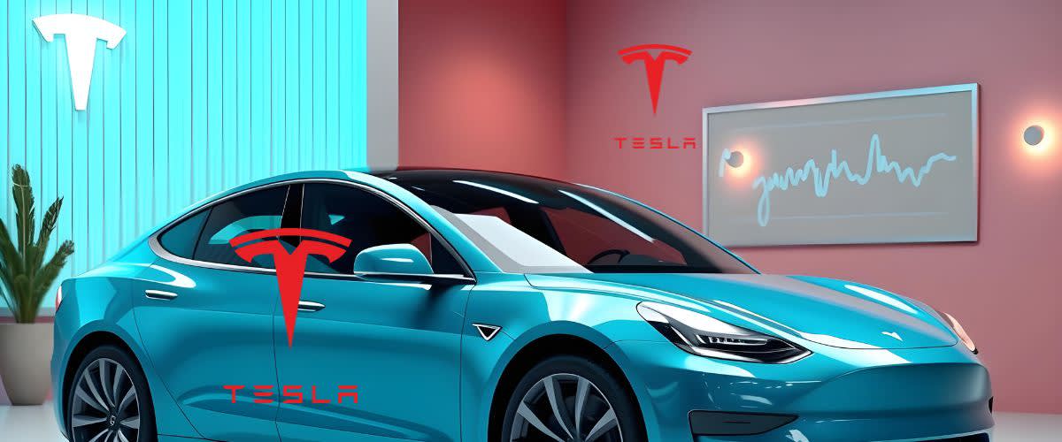 Ramalan saham Tesla: Sebuah kereta Tesla, dengan carta yang menunjukkan arah aliran sahamnya.