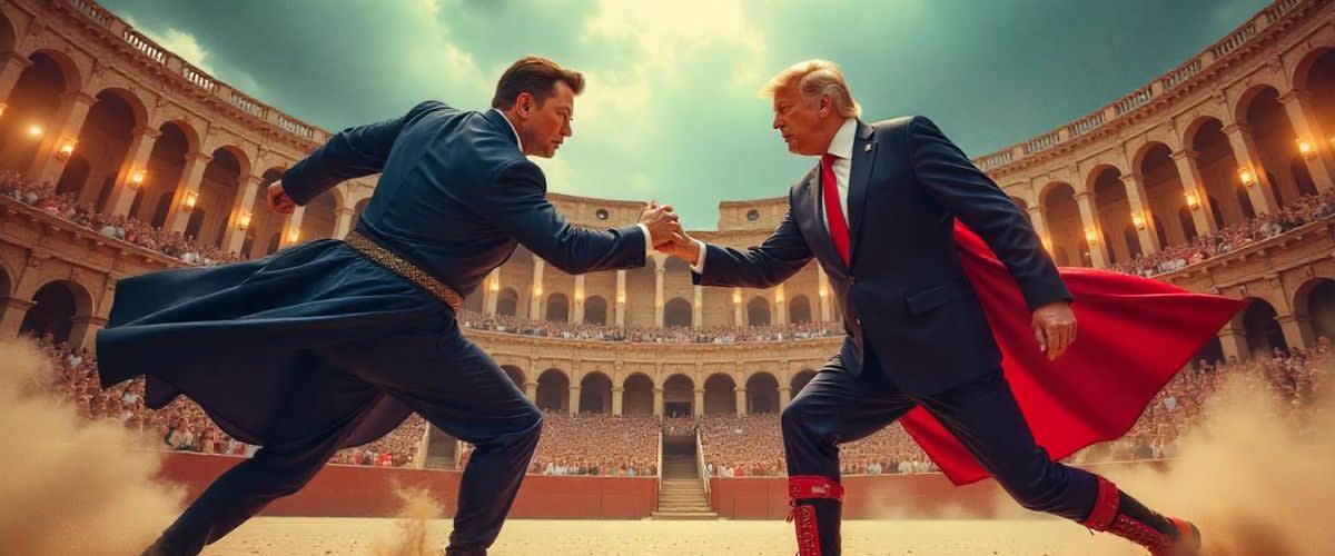 Trump and Musk as gladiators battling over Tesla shares in a stormy coliseum of investors.