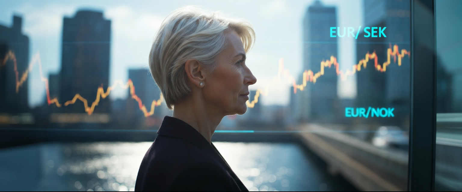 Lagarde silhouette on glowing EUR/SEK & EUR/NOK charts, twilight cityscape background.