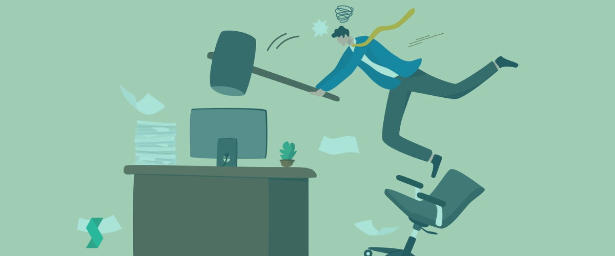 Frustration and chaos from computer problem or tech failure, stressful or anxiety from overworked or disappointment and mistake concept, frustrated businessman hitting to break computer with hammer.
