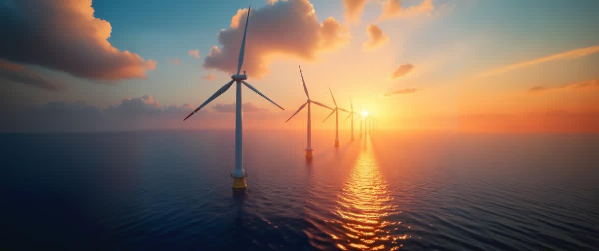 Futuristic wind farm at sunrise with Aker logo, data charts on turbines, bright and clear morning