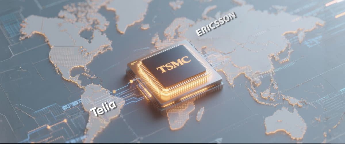 TSMC chip glowing over global map linking to Ericsson and Telia, digital trade data flow