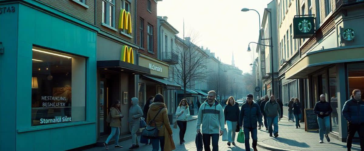 Pairs trading: A busy street with people walking past McDonald's and Starbucks.