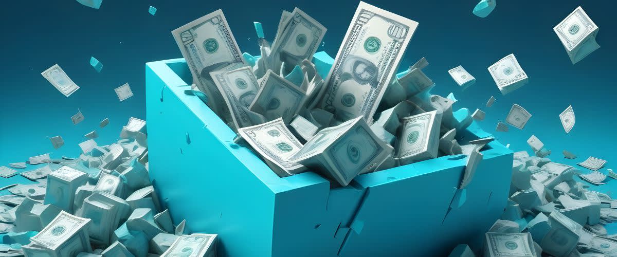 Hiperinflasi: Kotak biru yang melimpah dengan wang, melambangkan hiperinflasi.