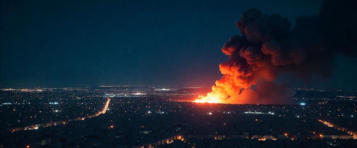 Satellite image shows Israel-Iran missile strikes with impact zones and smoke plumes over cities at night.