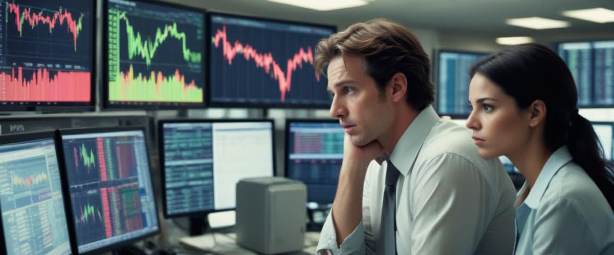 Paper hand: A trader staring at a stock price in a trading office filled with screens.