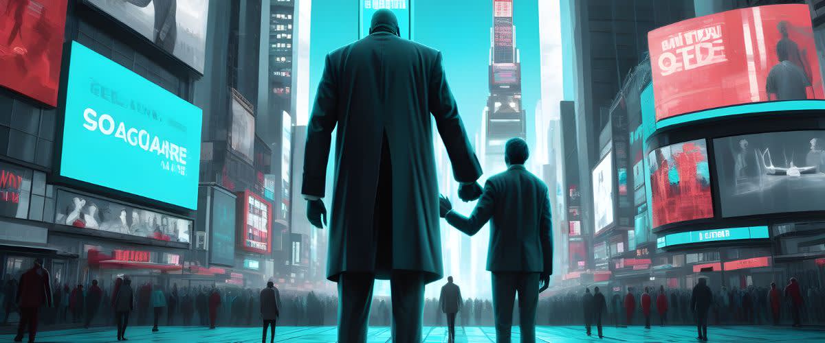 Divergencia: Un hombre alto y un hombre bajo en medio de Times Square.