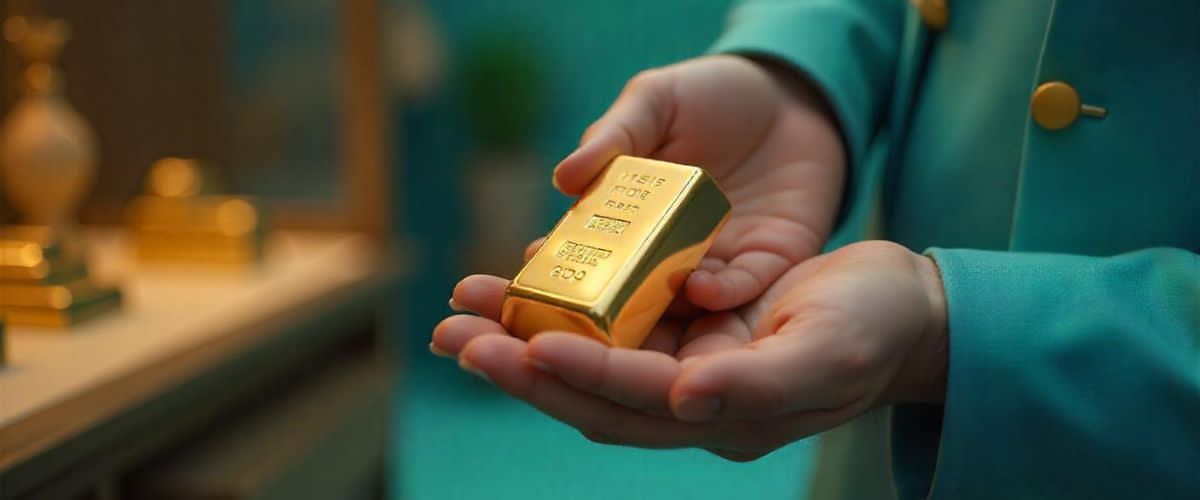 Wert eines Pfunds Gold: Eine Person hält einen Pfund Goldbarren in einer luxuriösen Umgebung.