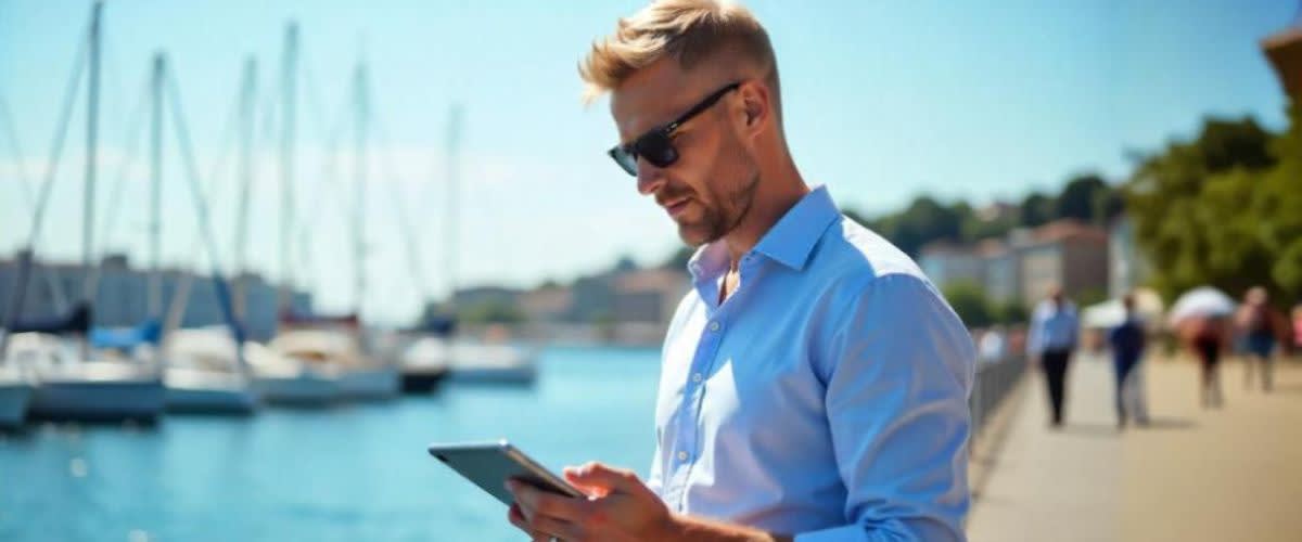 Oslo harbor in summer: blonde trader in a linen shirt reviews market data.