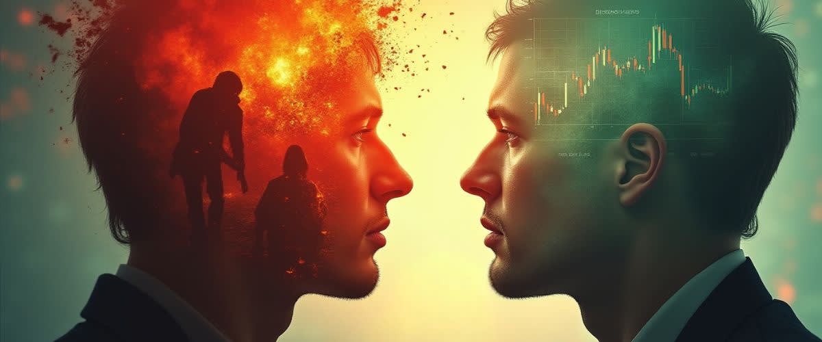 Trader’s split mind: chaos vs calm, red fear charts vs green plan.