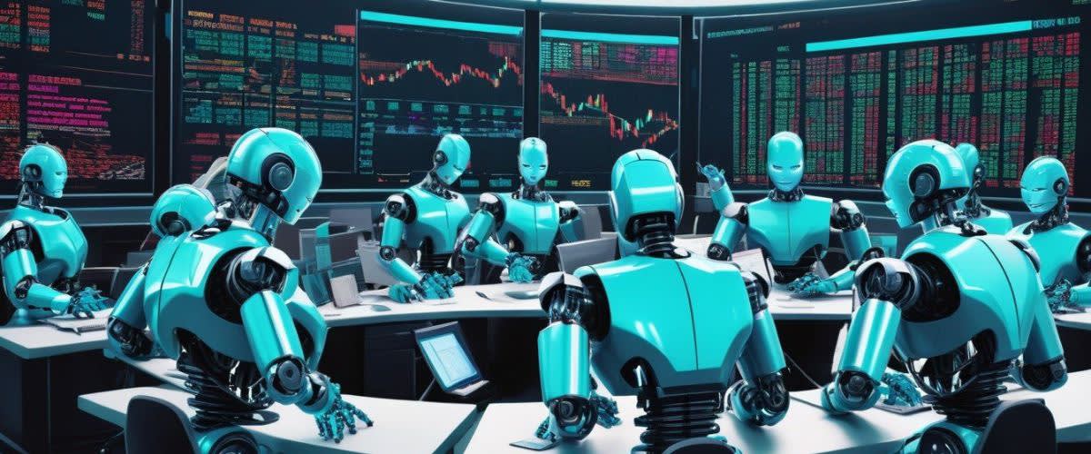 Actions IA: un pupitre de trading rempli de nombreux robots bleus engagés dans la trading d'actions.