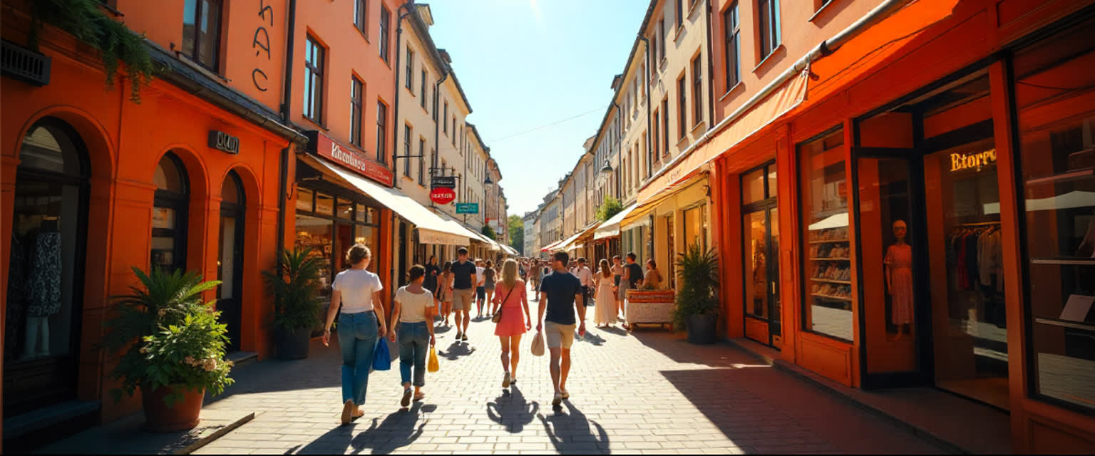 Sunny Nordic shopping street with summer sales, crowds, and stocks rising amid tourist buzz.