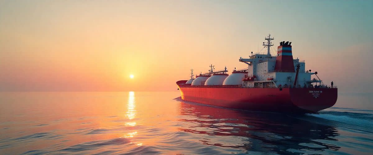 Natural gas storage tanks and LNG ships, sunny day.