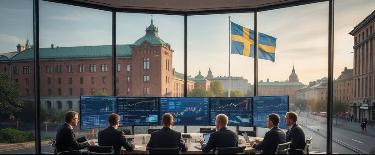 Riksbank-møte, Stockholm skyline, rentegraf, tradere, nordisk stil