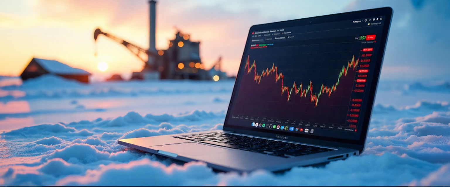Nordic gigafactory mine in winter, laptop with CFD trading platform.