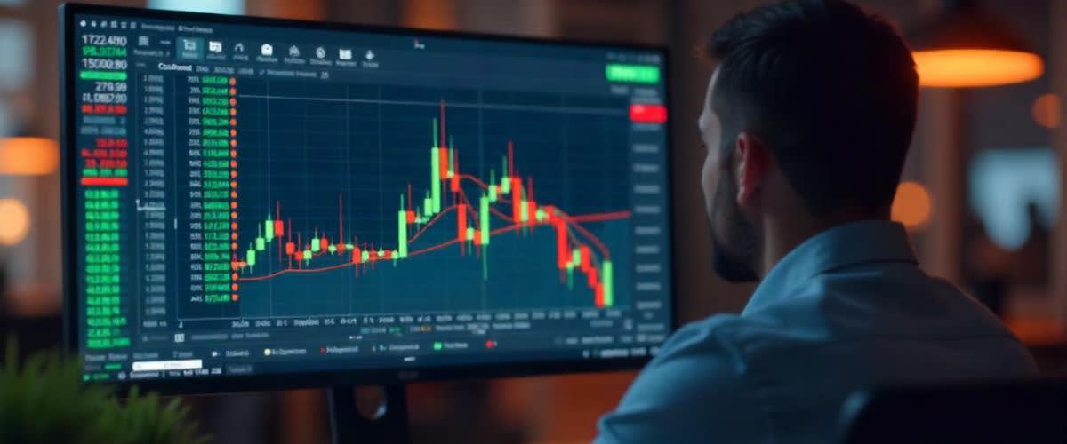 Wyckoff distribution: Trader analyzing a stock market chart with Wyckoff distribution.