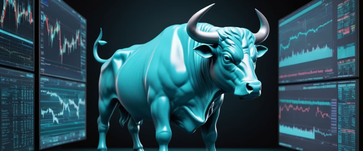 看涨的公牛站在股市数据屏幕前，表明积极的交易趋势。