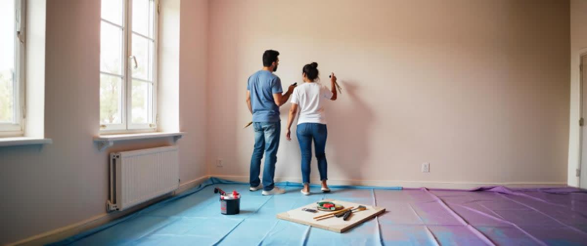 Nordisk renovering; par målar pastellväggar, verktygs- och färgaktier stiger.
