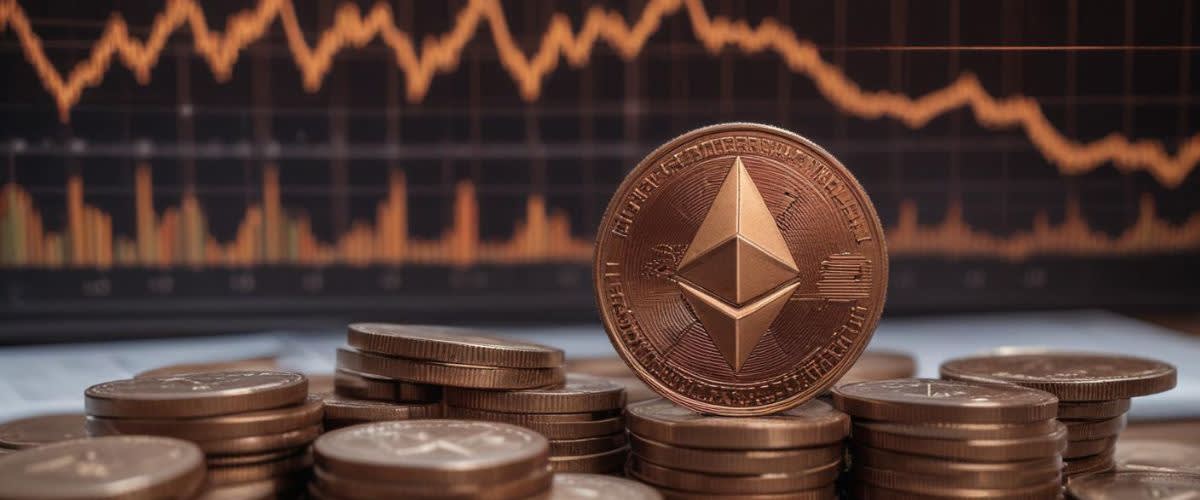 Eth Prediction: An Ethereum coin on a stack of coins, with a background of financial charts.