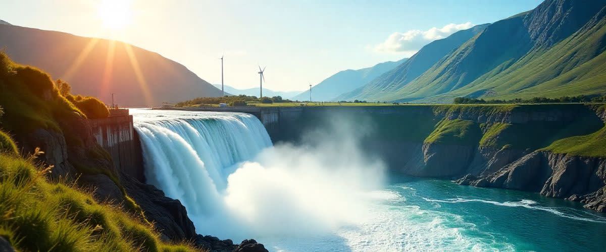 Nordisk sommar: vattenkraft, gröna fjäll, handelsgrafer visar energins säsongssvängningar.