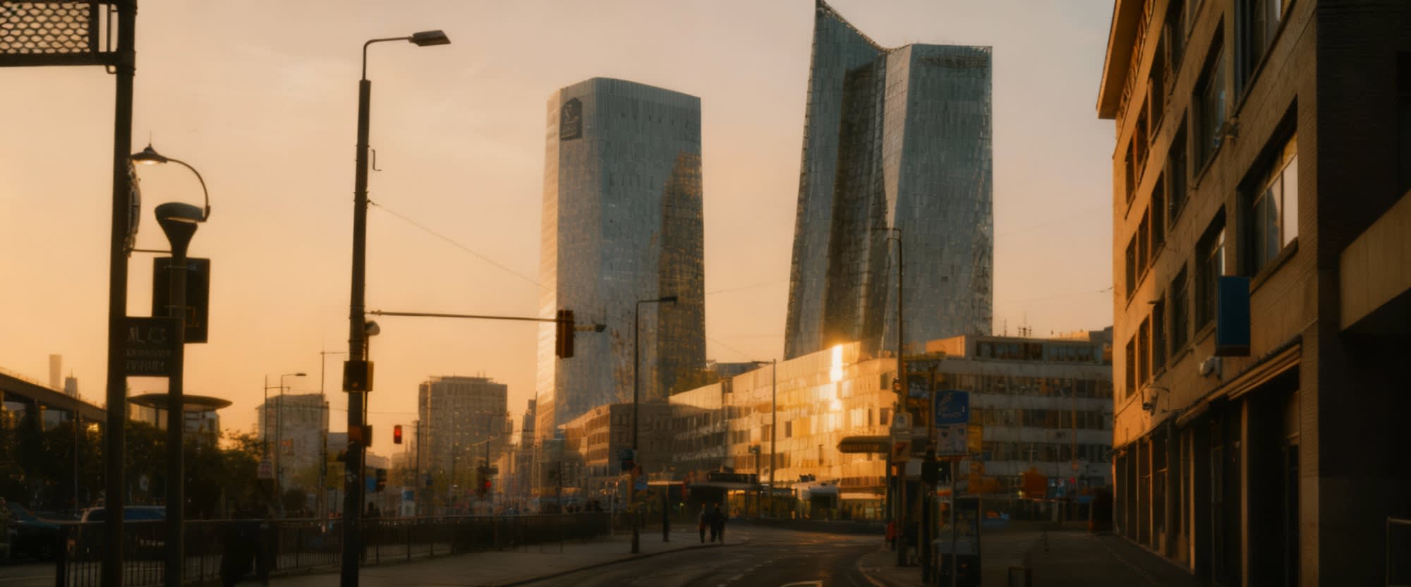 A city street lined with tall buildings, featuring the European Central Bank in the background.