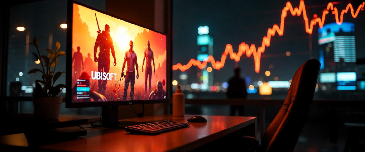 Ubisoft-spelomslag sprutar ur skärm, neonlys, resultatgraf stiger i regnig natt.