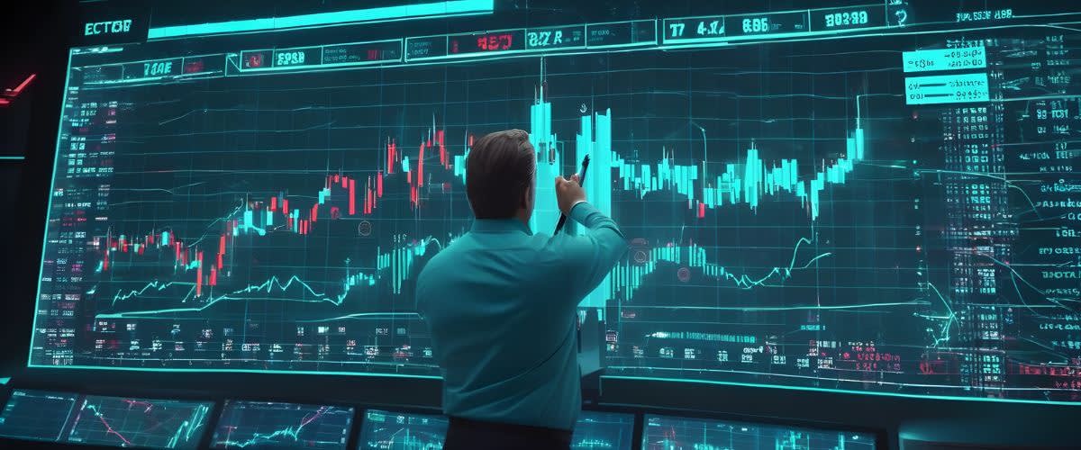 财务比率：一名男子在屏幕上分析股市数据。