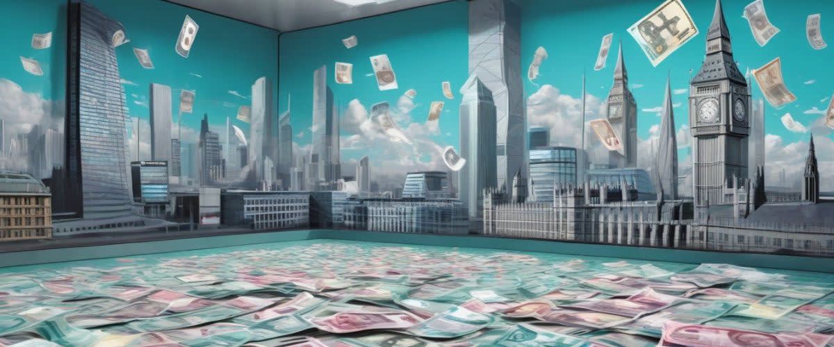金錢散落在一個可以看到城市天際線的房間的地板上，探索公平。