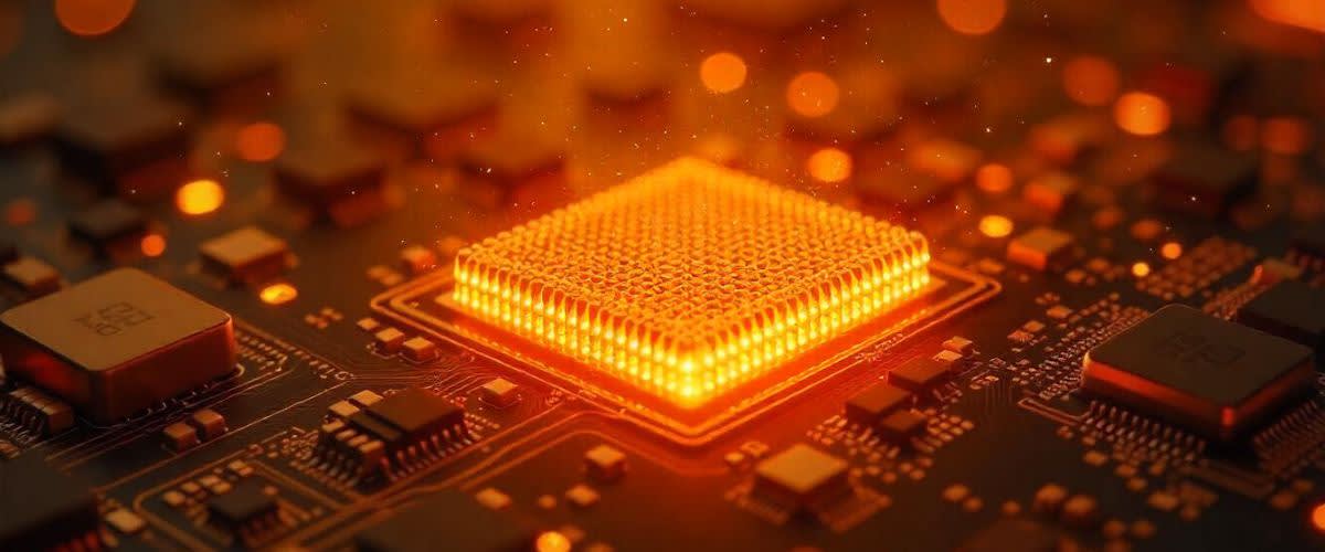 En GPU-mikrobrikke på et kretskort, omgitt av ulike elektroniske elementer og veier.