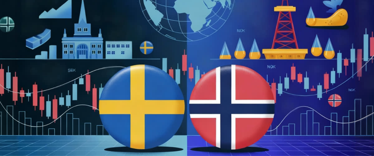 SEK & NOK trading with charts, oil rigs, factories, and Nordic flag colours