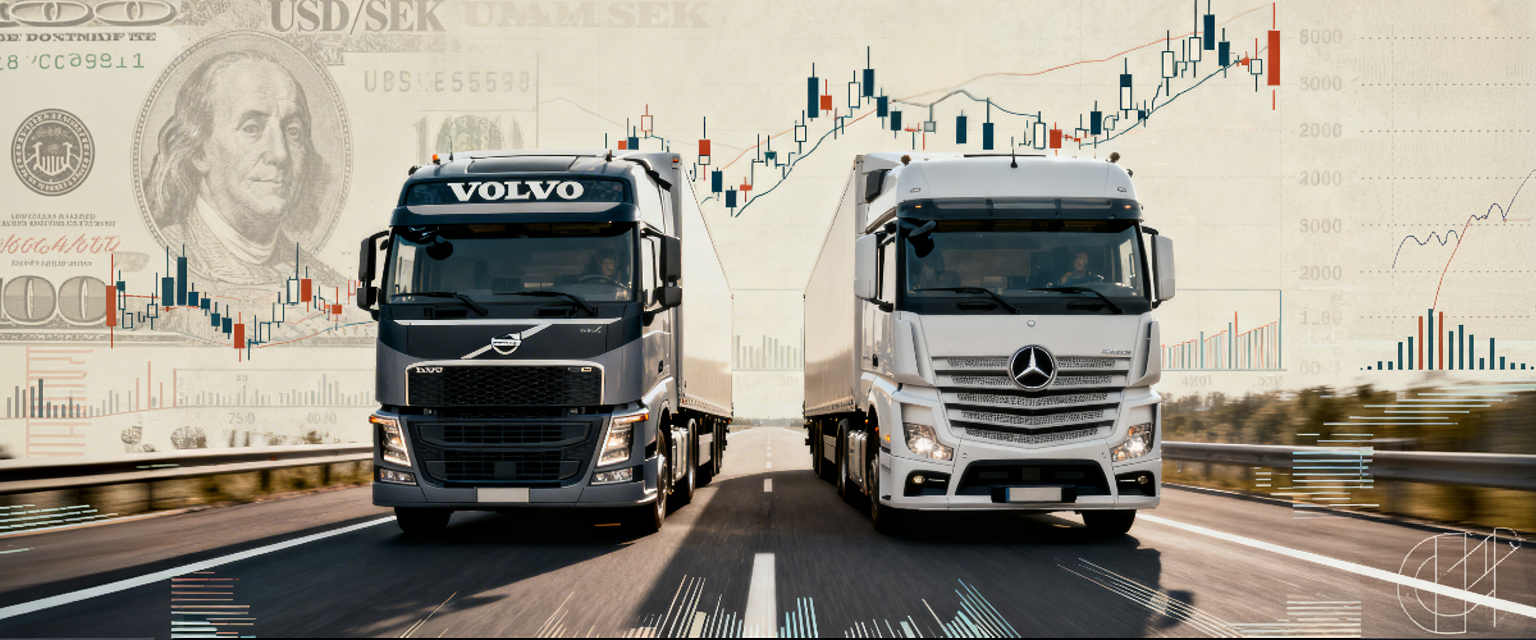 Deux poids lourds (Volvo vs Daimler) sur une autoroute avec un graphique USD/SEK et des visuels de marché boursier
