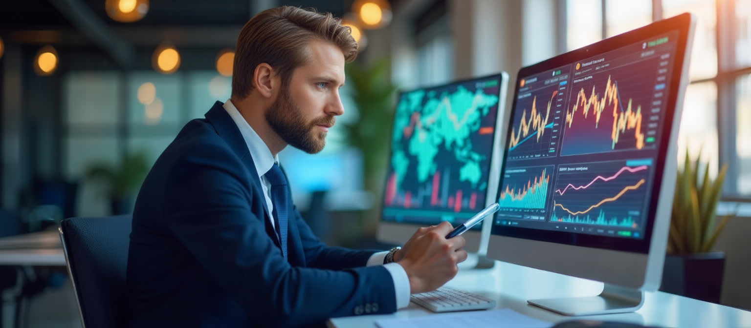 Male trader in a navy suit analyzing Nasdaq, S&P 500 & DAX holograms, sunny office.