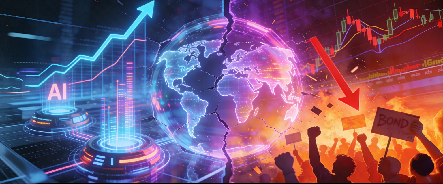Split scene: AI hubs with rising tech metrics vs chaotic bond markets and protests, fractured world map.