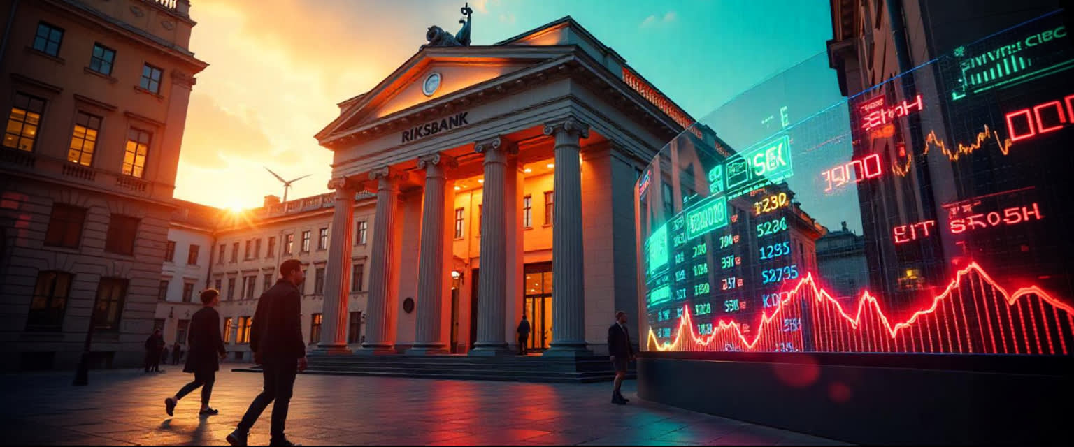 Riksbank glows gold, SEK coins swirl, OMXS30 bull charges, traders watch neon forex screens.